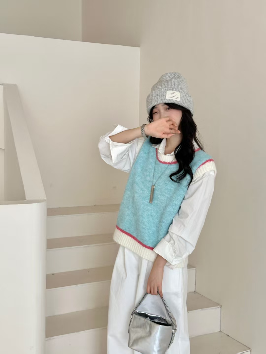 M3020《树莓冰沙》韩系春秋冬多巴胺色系针织马甲女