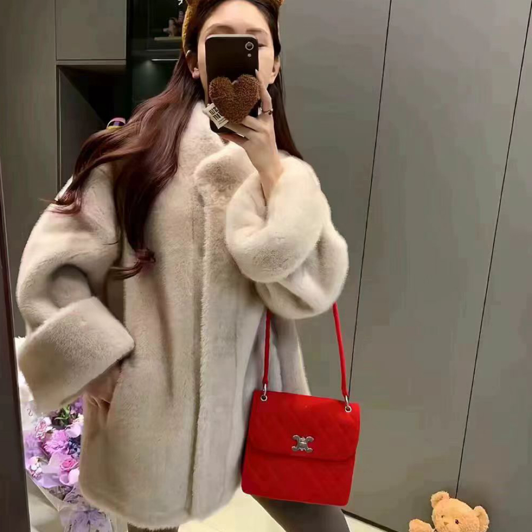 9267#上新冬款韩系时尚百搭宽松翻袖立领暗门襟皮毛一体毛毛大衣