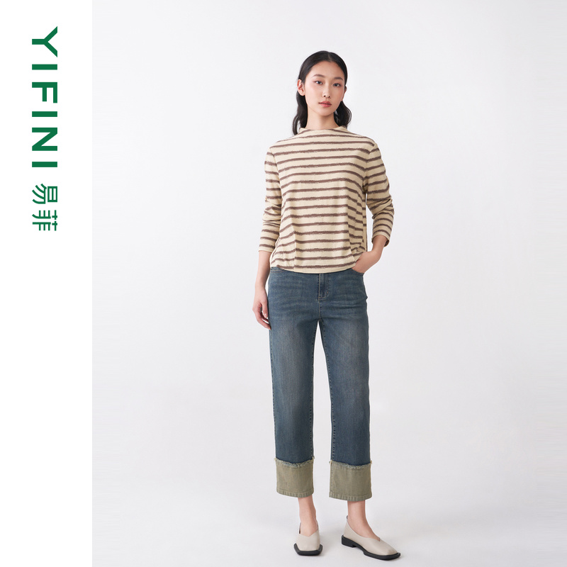【Yifini】专柜同款桑蚕丝混纺经典条纹舒适宽松时尚针织衫C09Z1008