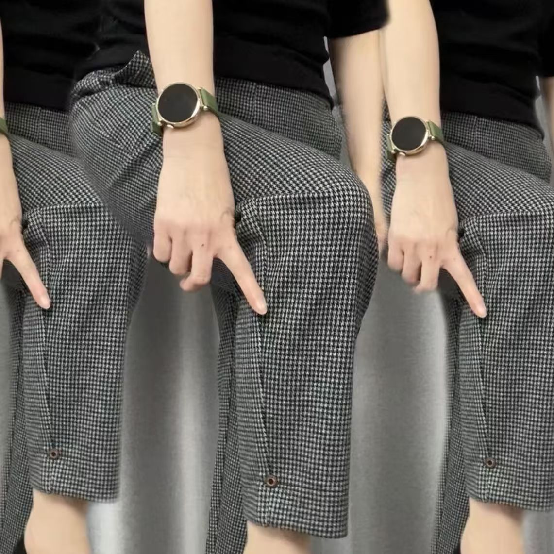 2025新款千鸟格高腰高弹小直筒休闲裤显瘦宽松