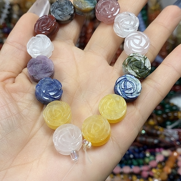 玛瑙/玉髓未镶嵌珠宝半成品多宝双面雕刻玫瑰卡14mm15颗