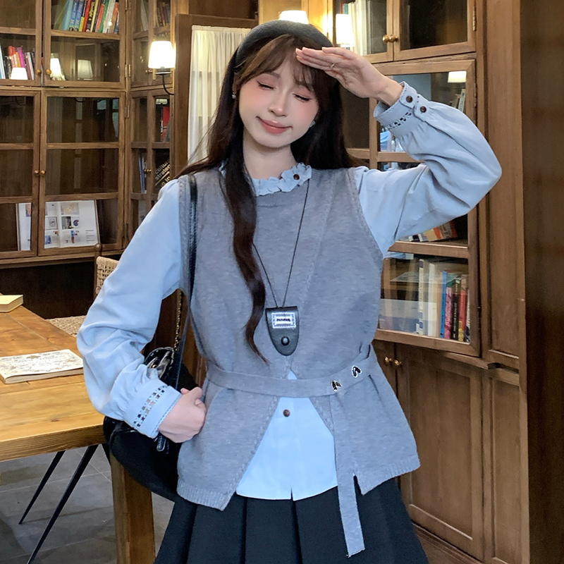 【小云总专享】29289法式气质木耳边长袖衬衫搭配针织马甲两件套