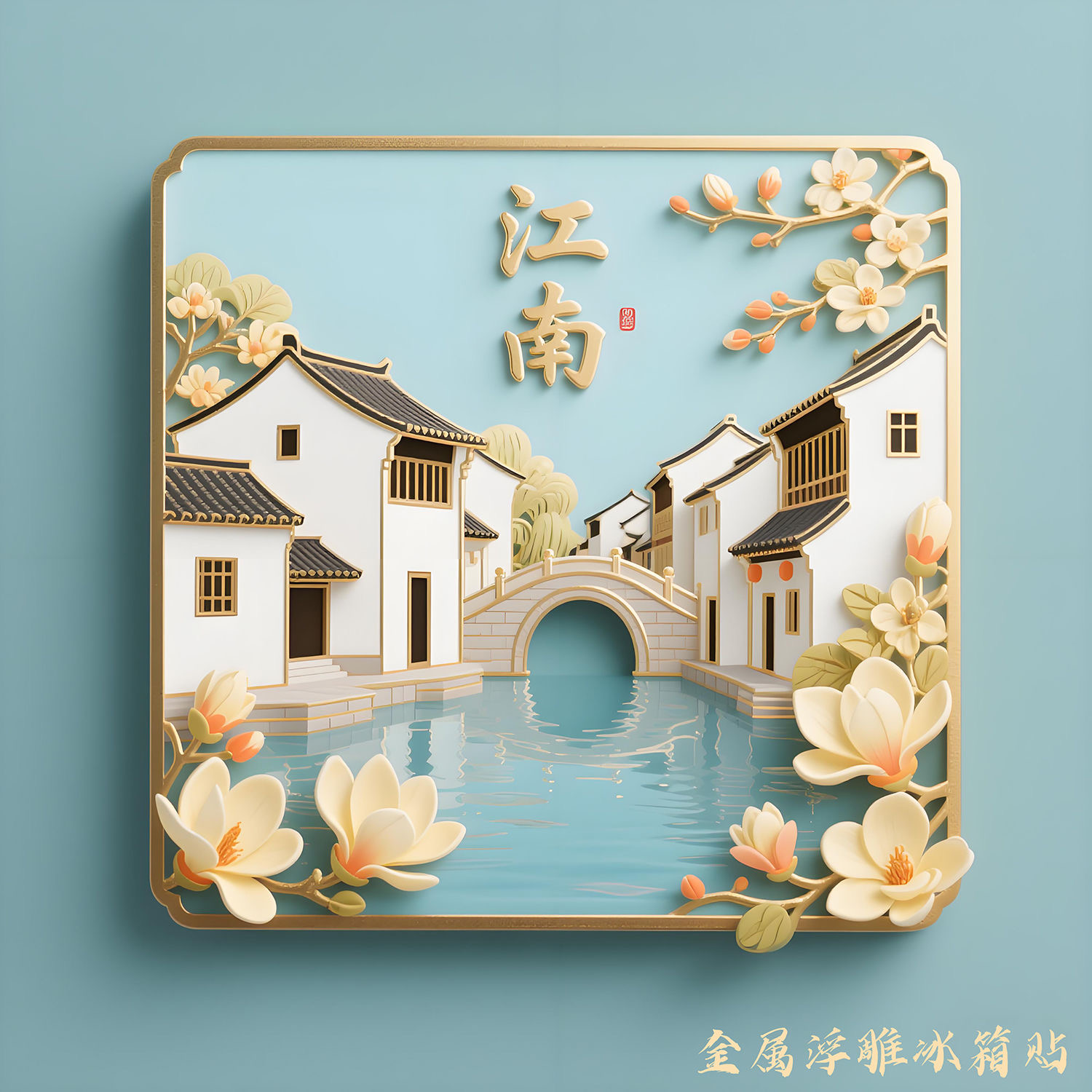 江南水乡苏杭金属浮雕立体冰箱贴磁吸古风中国风国潮旅游景点礼物