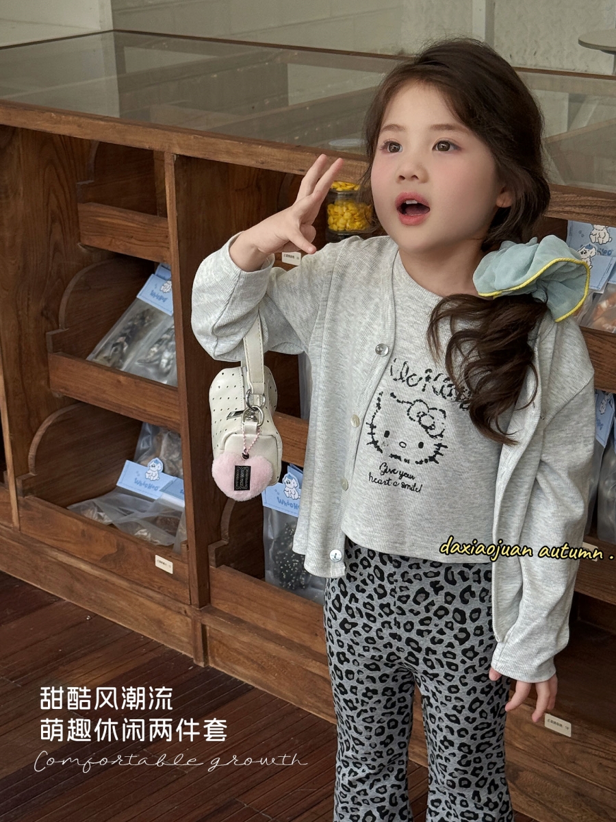 女童套装2025新款洋气儿童背心宝宝开衫上衣秋装外套韩版豹纹裤