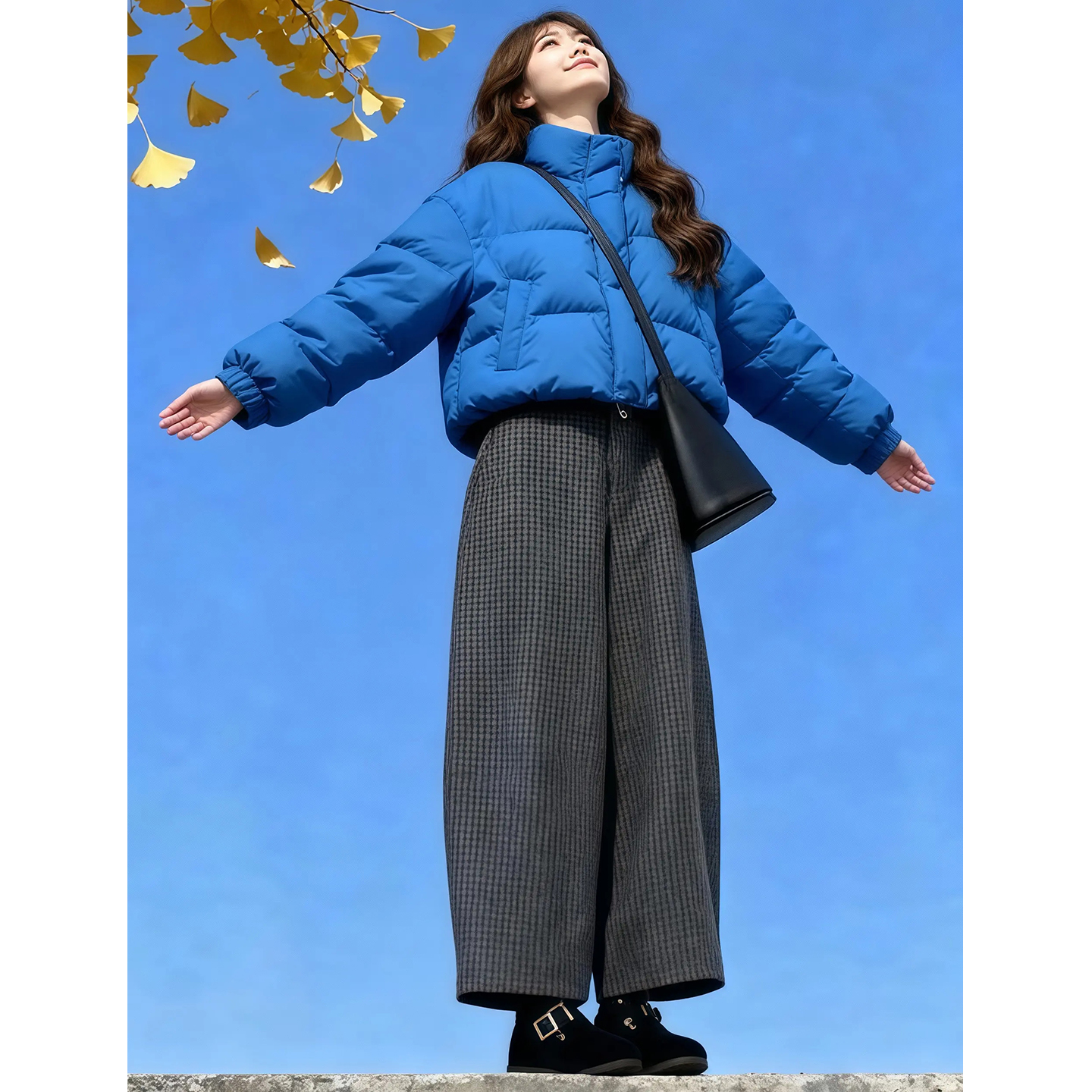 2025秋冬新款高级感小香风克莱茵蓝棉服高腰格子阔腿裤两件套装女