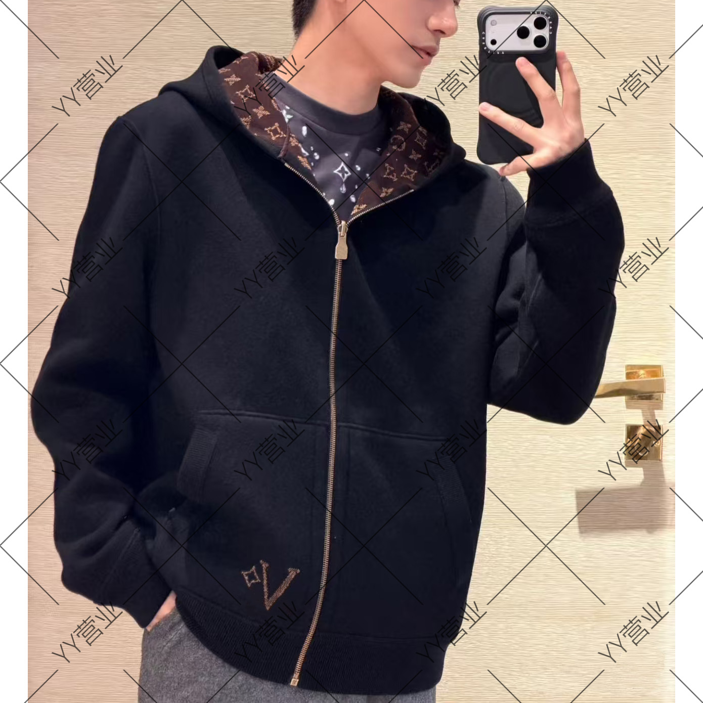 帕威索A34【双面帽衫】早春羊毛针织绣花两面穿帽衫连帽夹克外套