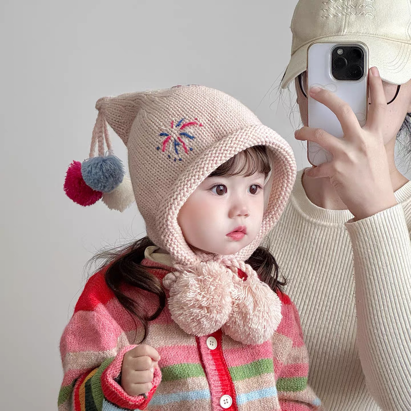 新年红色儿童针织帽秋冬保暖护耳帽男女童宝宝可爱烟花毛线帽百搭