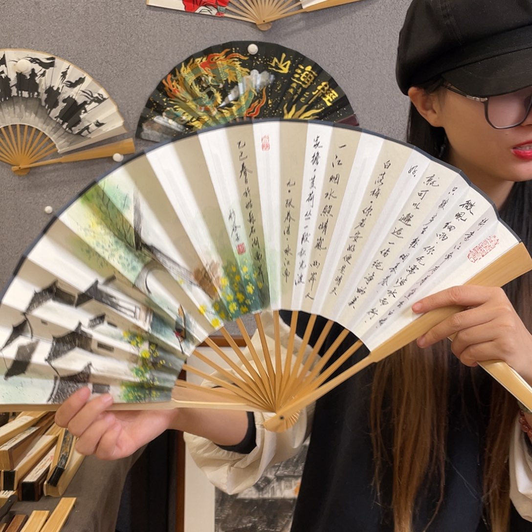 国画10寸玉竹-纯手绘-文玩扇骨（默认粘好）