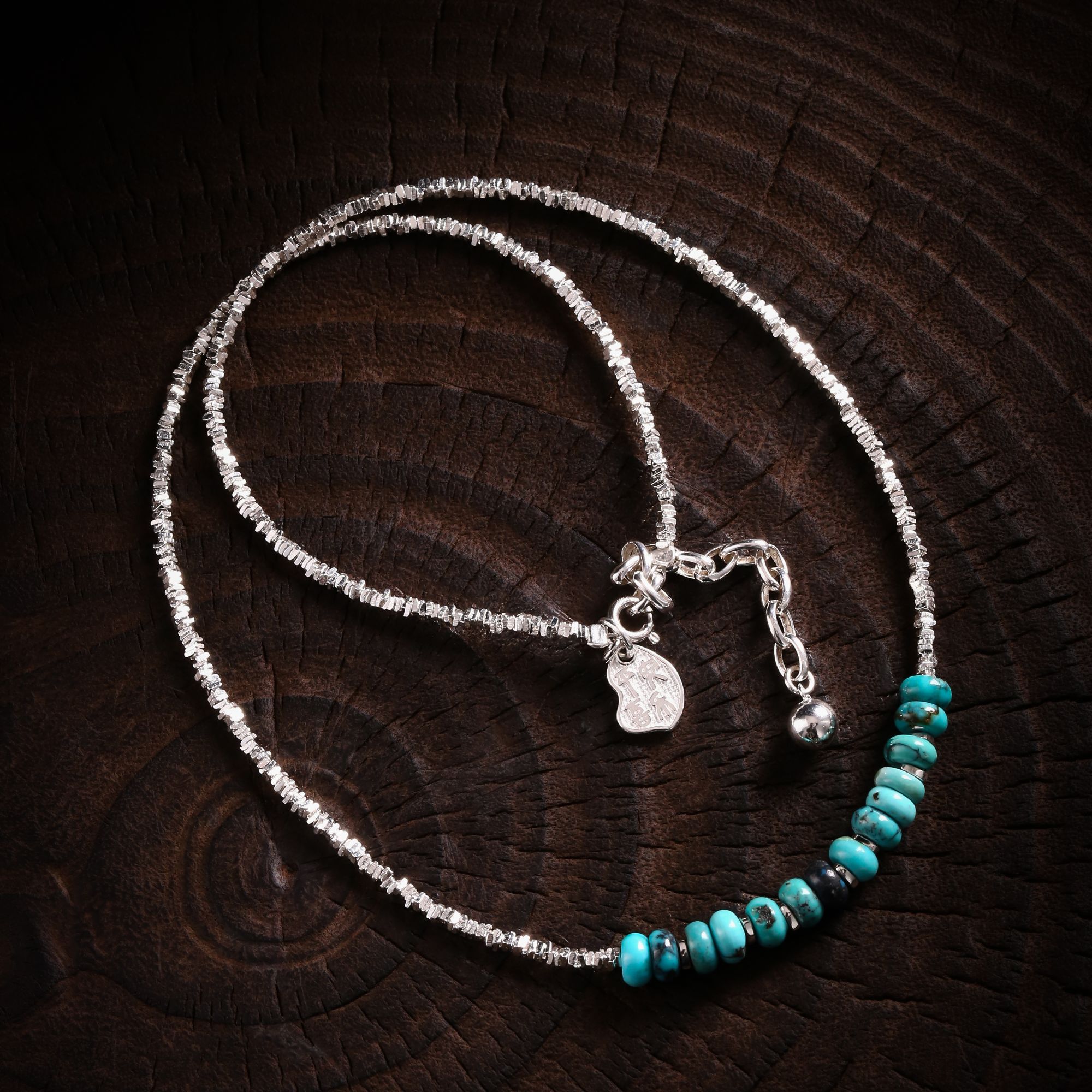 链子925银 大头姐N18081蓝绿色算盘珠碎银子项链