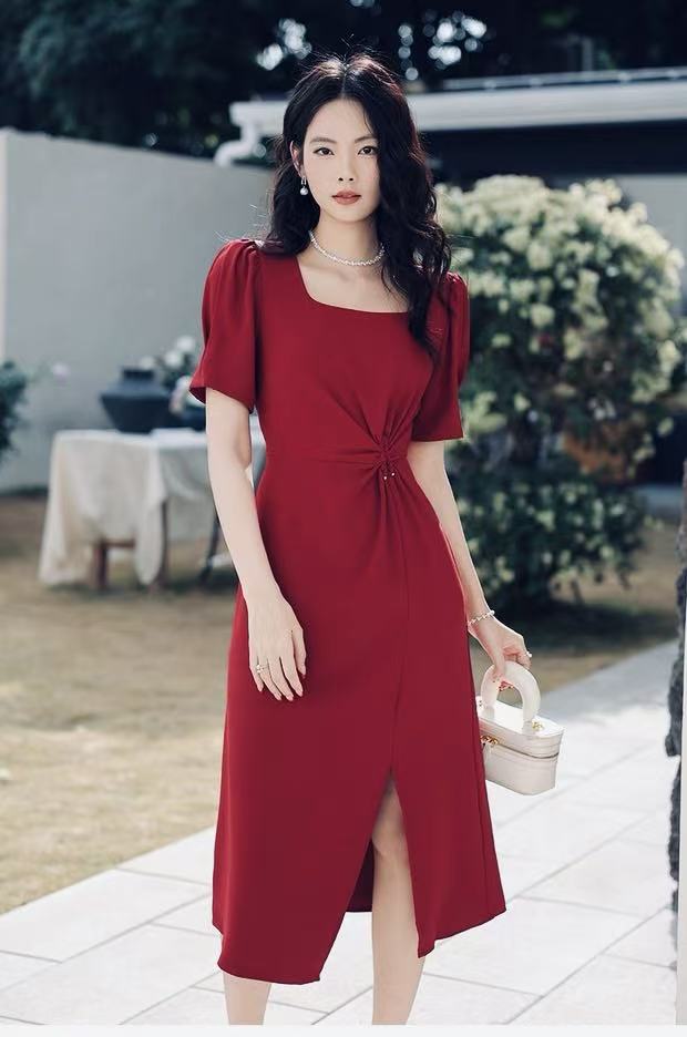 X0815  气质长款宴会连衣裙方领拉链法式夏季显瘦羊腿袖 