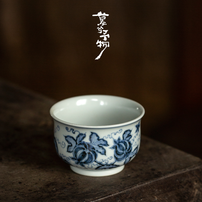 慕兮柴窑青花手绘主人杯陶瓷茶杯家用中式复古喝茶杯精致品茗杯