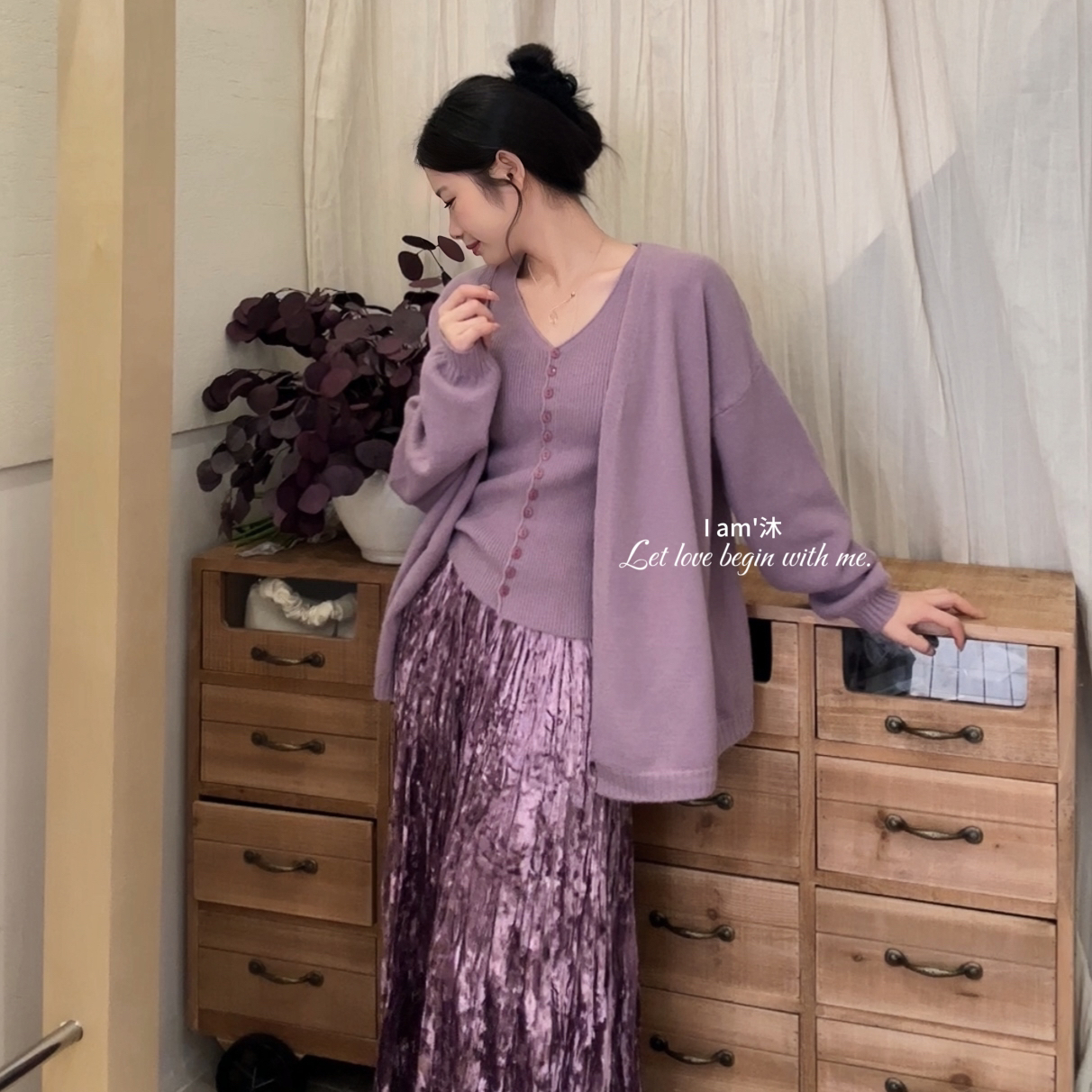 冬款上新爆火香芋紫气质通勤套装～软糯单排扣背心+宽松净版HH672