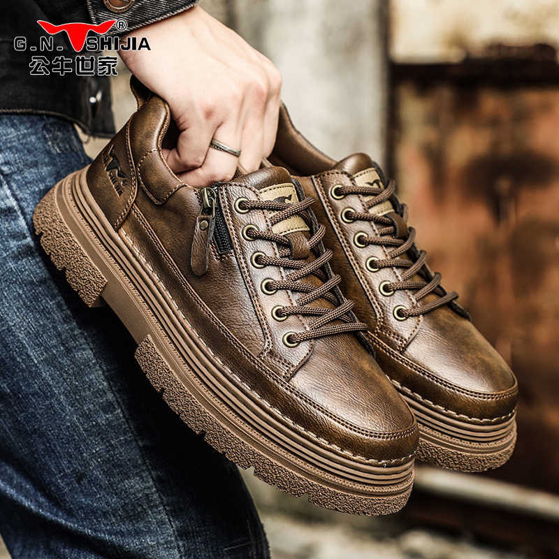 公牛世家男鞋秋季2025新款复古工装休闲板鞋男脚蹬英伦马大学皮鞋