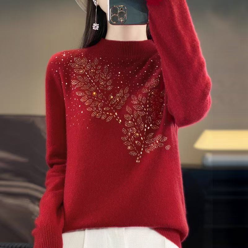 半高领树枝烫钻设计工艺女士毛衣