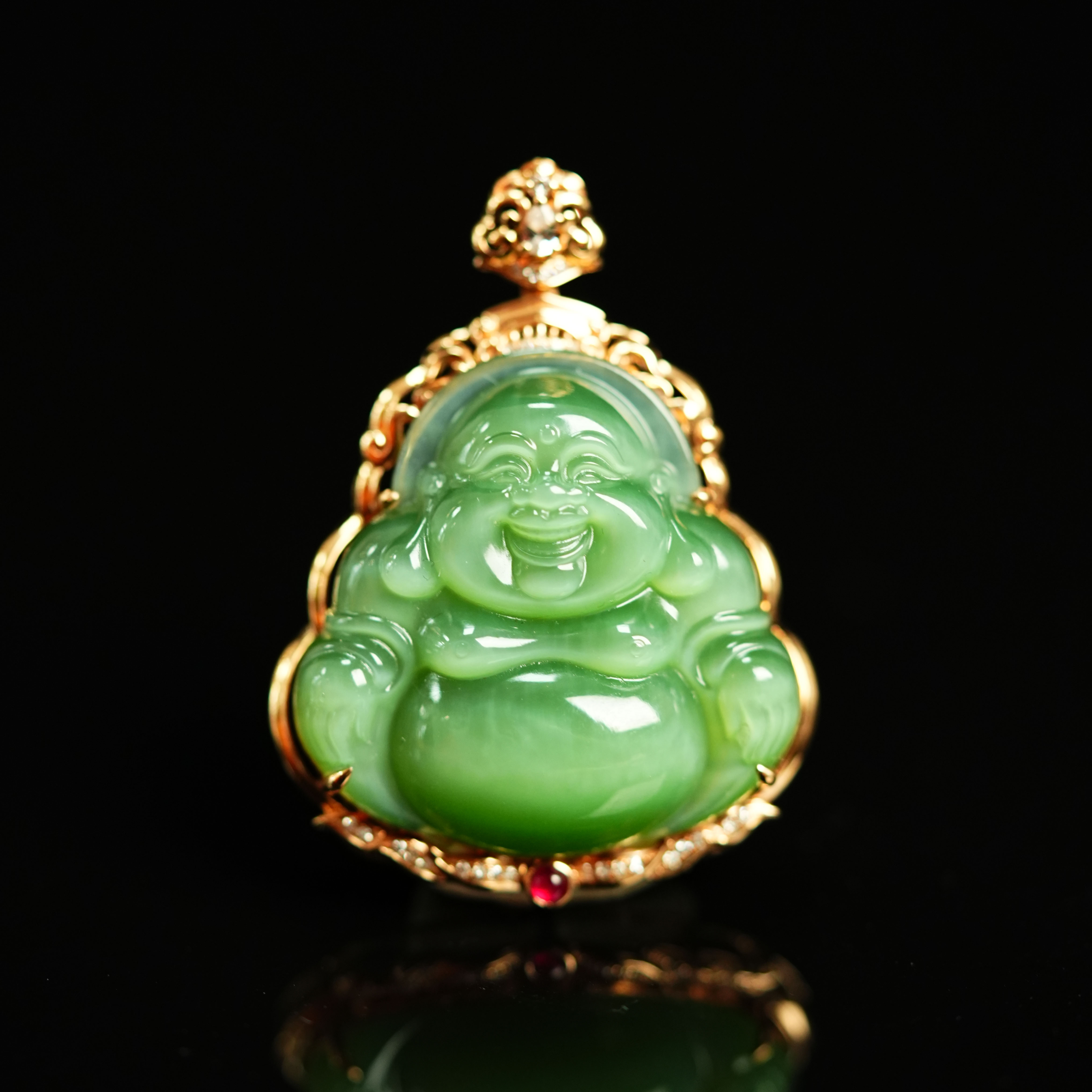 『小浩珠宝』天然和田玉碧玉老料·冰底绿猫眼佛公吊坠30mm