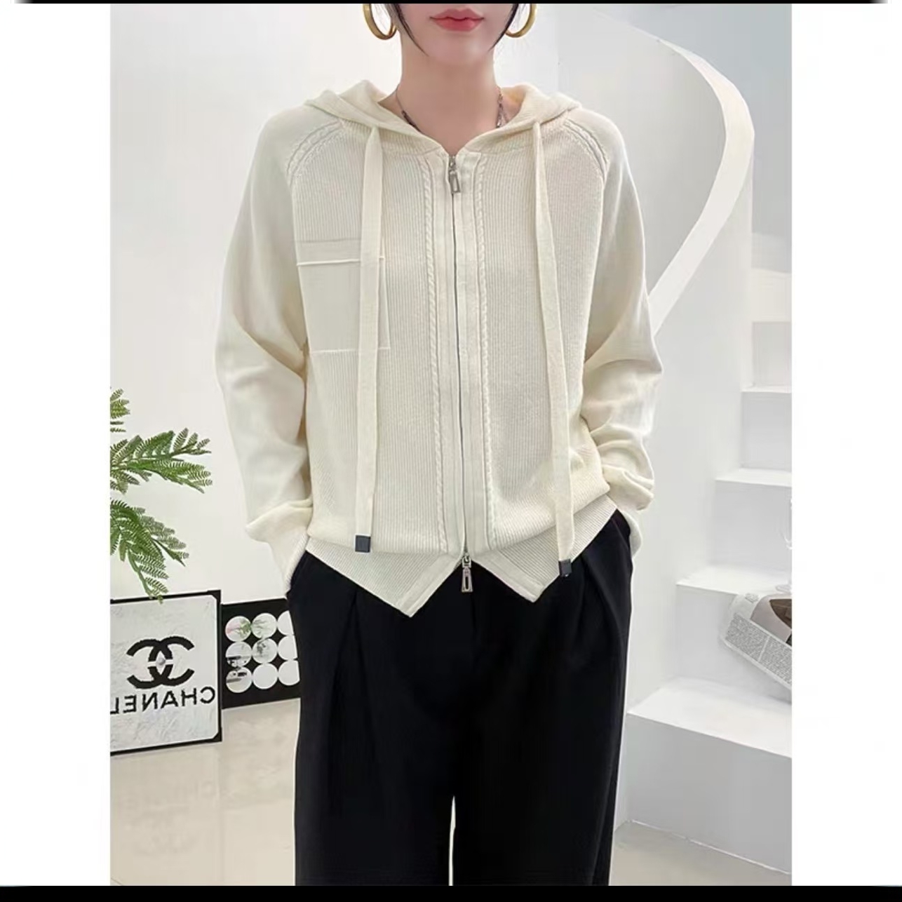 舒适圈绵羊毛混纺双拉链针织上衣女士百搭连帽毛衣