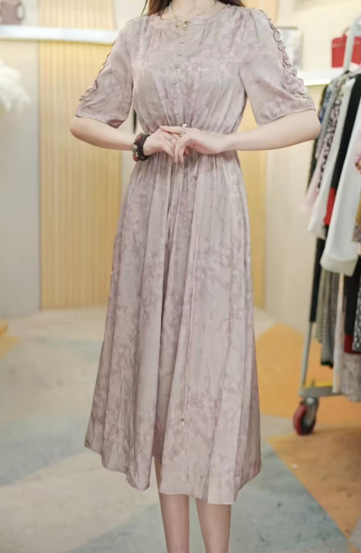 H2467  2025新款夏季气质修身中长款优雅收腰女装连衣裙