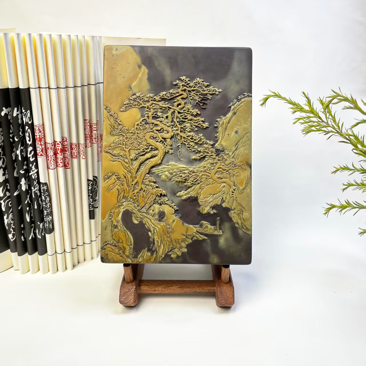中国彩砚攀枝花苴却砚台纯天然石色盖砚《松鹤听泉》纯手工雕刻