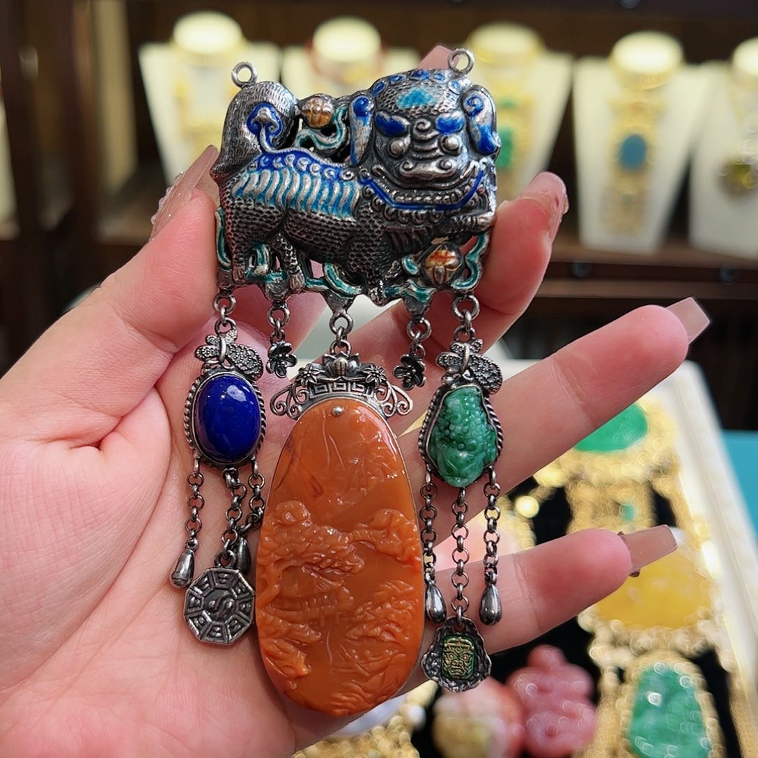 玛瑙颈饰银S925镶嵌古风