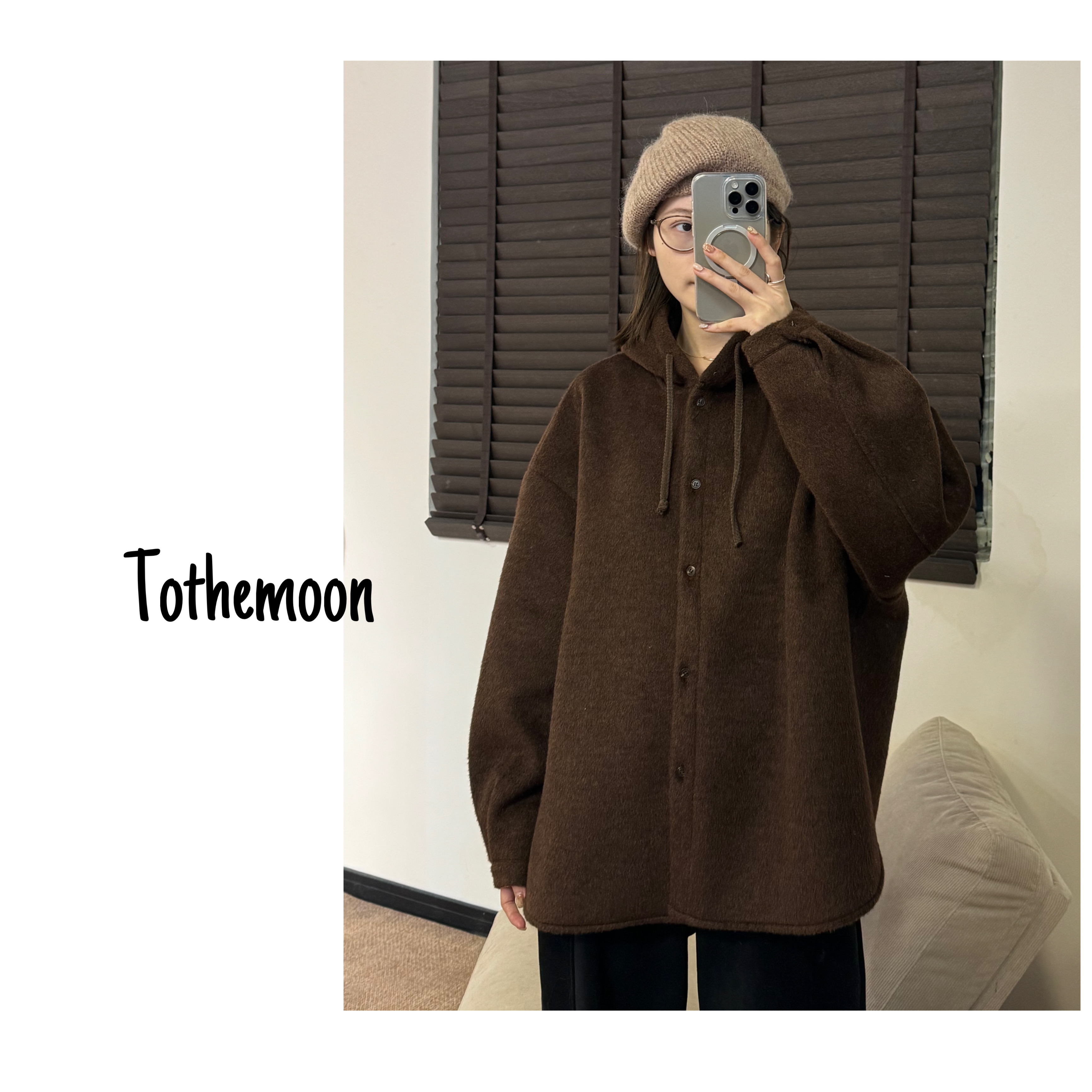 UpSd 原创【倒转撒哈拉】咖色呢料带帽加厚宽松百搭长袖时尚外套