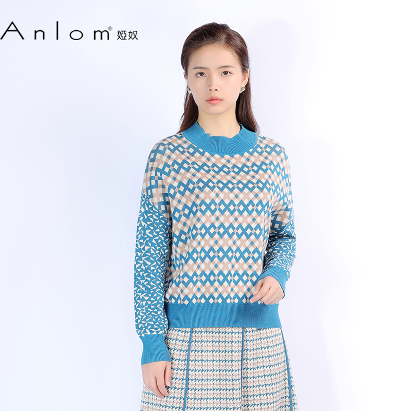 Anlom/娅奴夏季长袖新款圆领蓝格休闲棉纤维针织衫通勤上衣套衫
