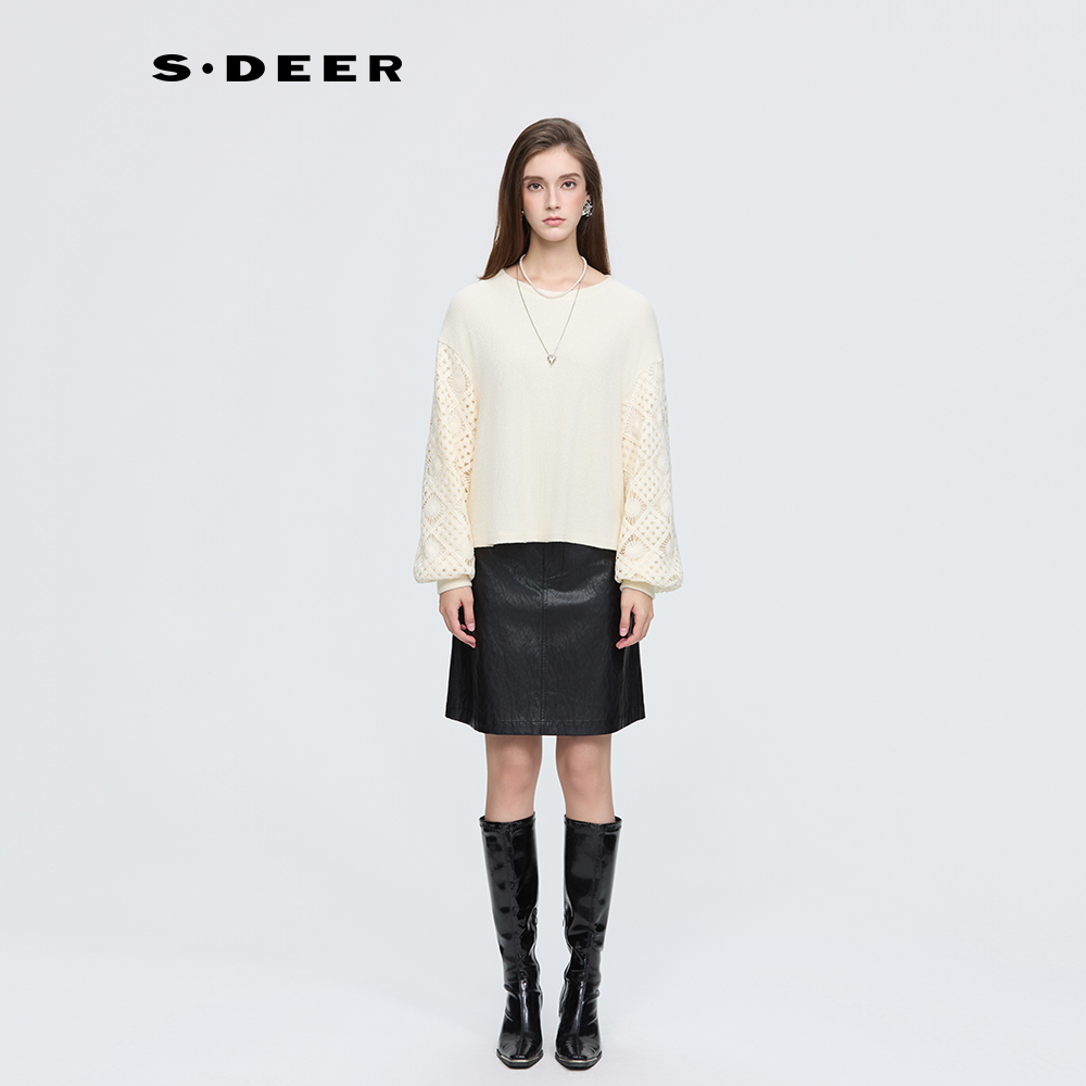 sdeer圣迪奥女装25年新品罗纹圆领镂空钩花宽松上衣S253Z2236