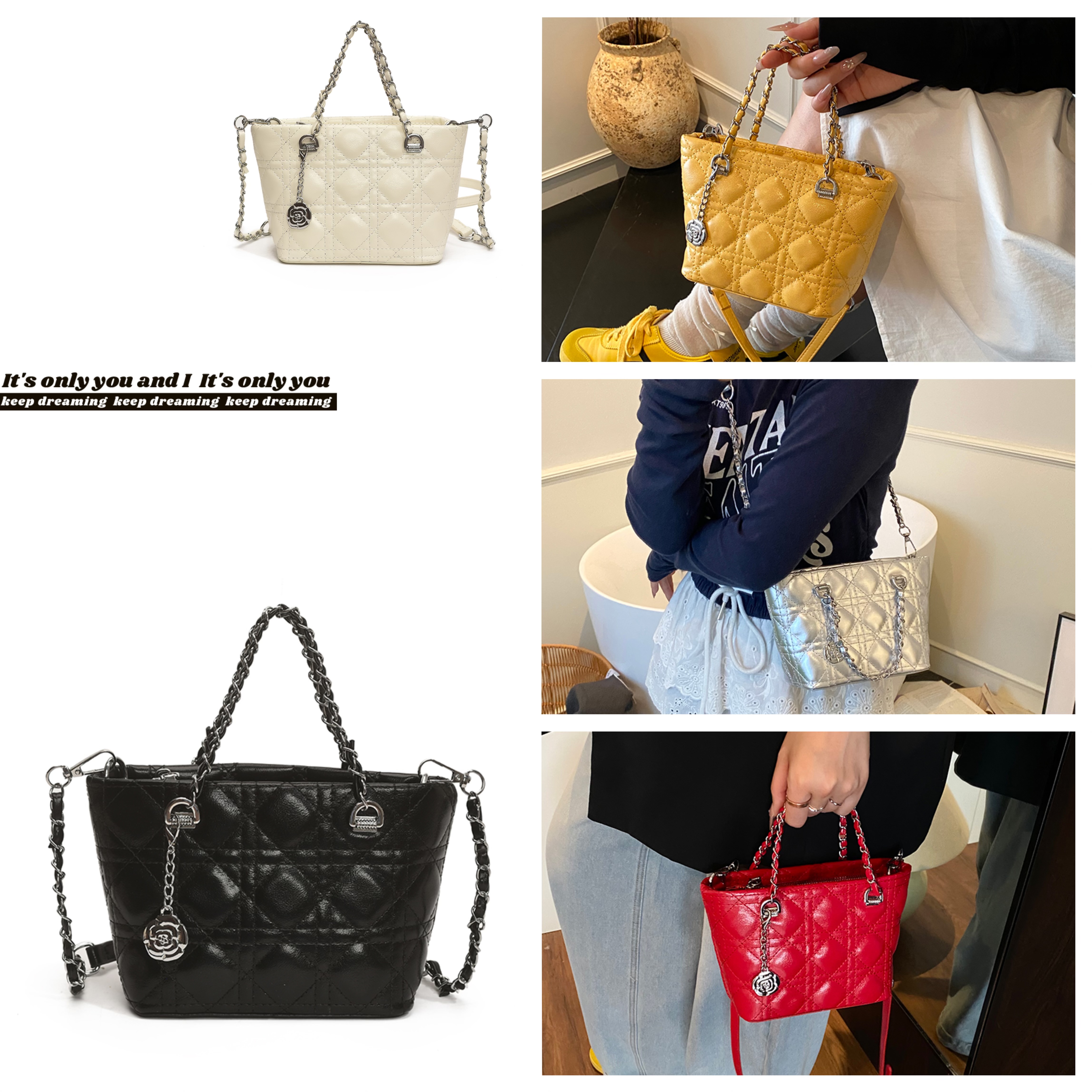 高级感菱格链条包包女新款潮时尚单肩斜挎包小香风手提水桶包8032