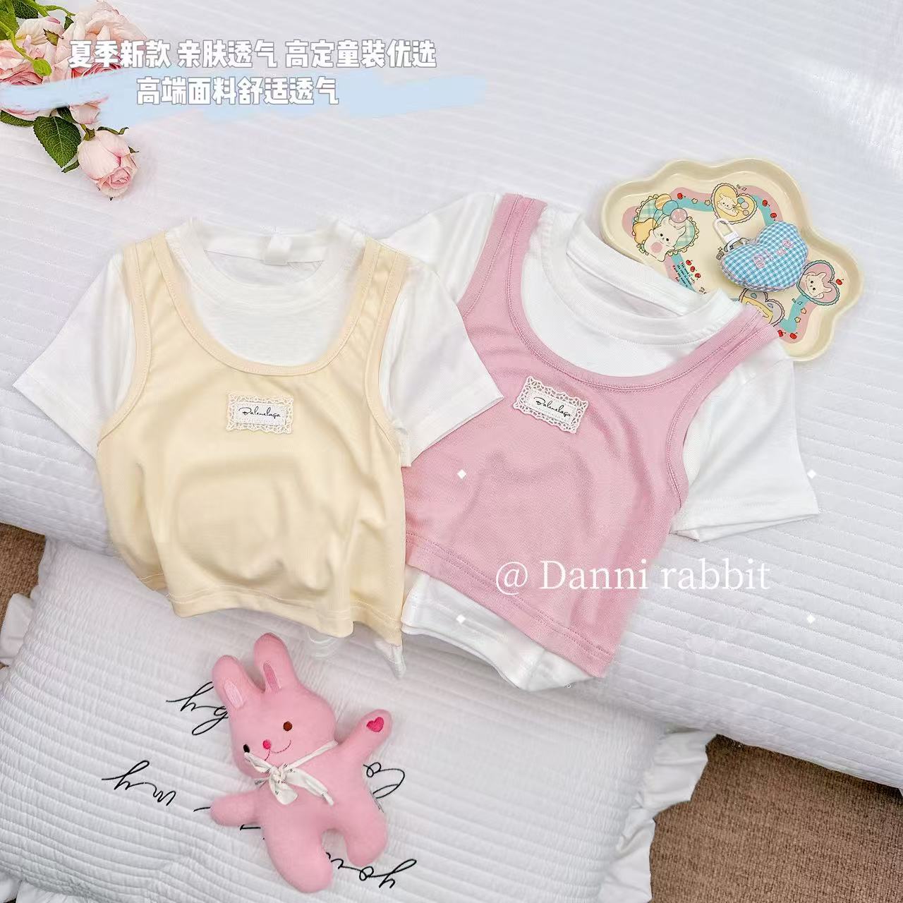 【Dannirabbit】*糖果色蕾丝假两件女童T恤+百搭女童短袖 X-7369