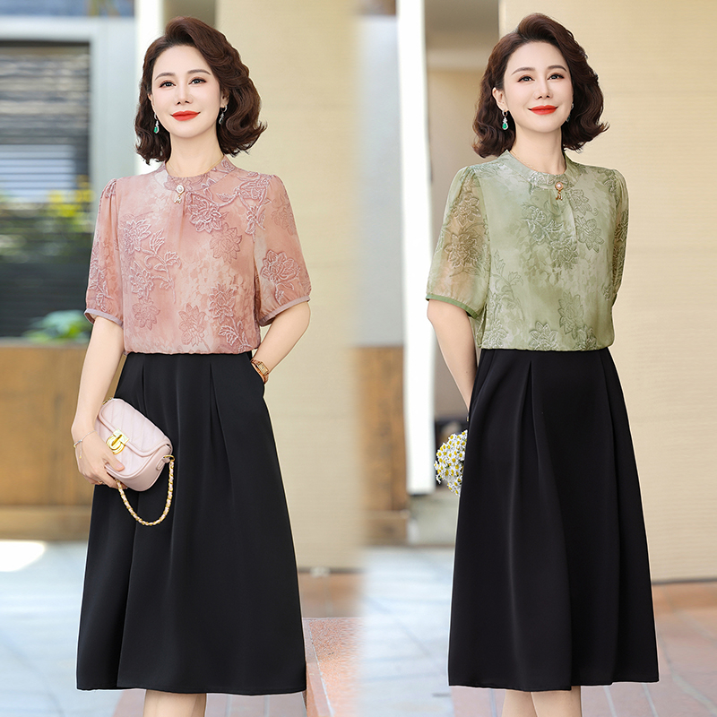夏季新款中老年妈妈时尚减龄拼接连衣裙优雅气质贵气中长款裙子