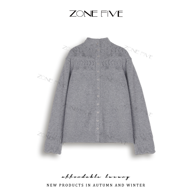 【zonefive】百搭轻奢女毛针织衫蕾丝针织衫提花秋冬网红气质开衫