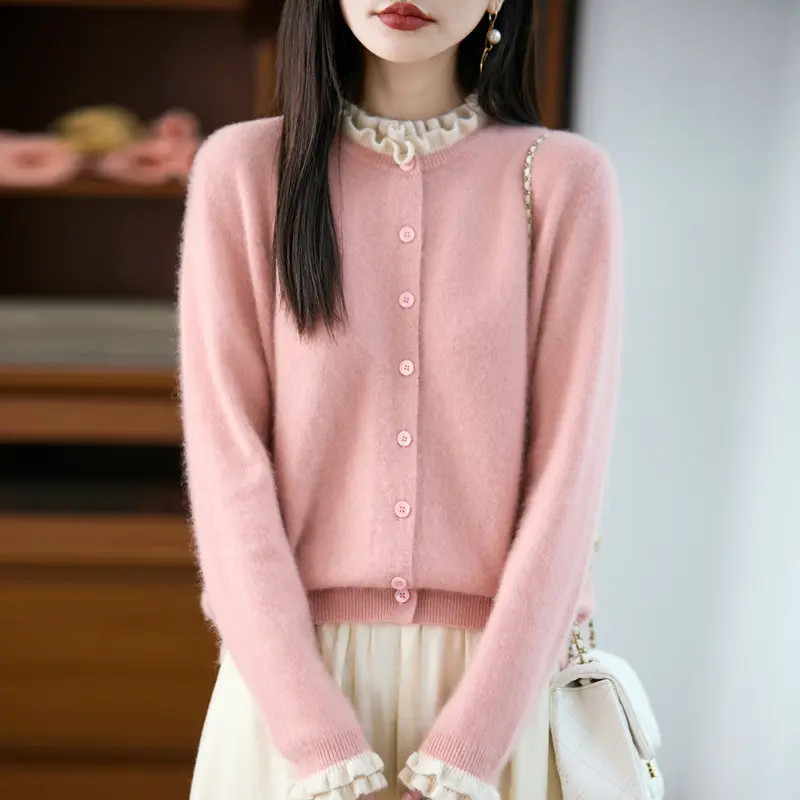 正品撤柜剪标羊毛衫木耳花边针织开衫秋冬新款气质减龄外套上衣