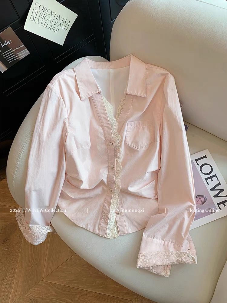 【601~800】法式粉色蕾收腰短衬衫女新款纯欲风甜美减龄衬衣