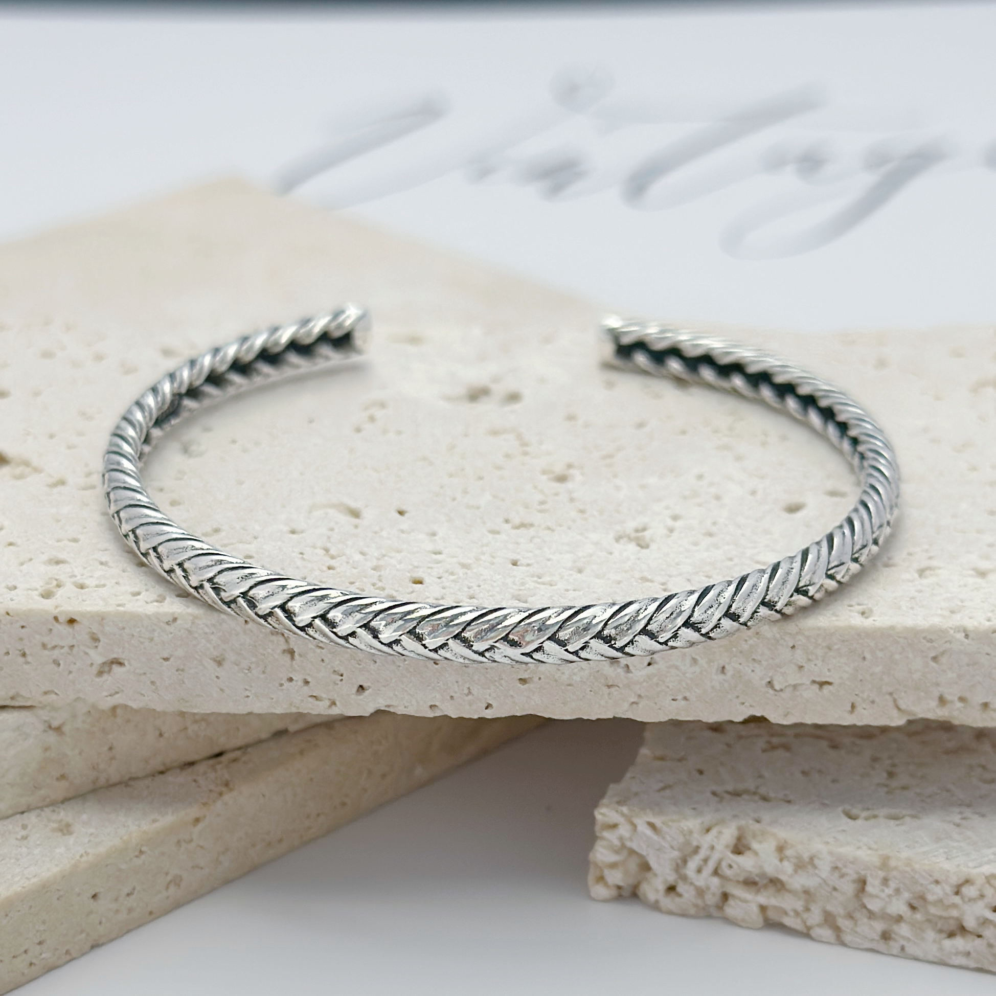 925银手镯 【思绪】女可调节原创民族风素款编织纹复古泰银【A4544】