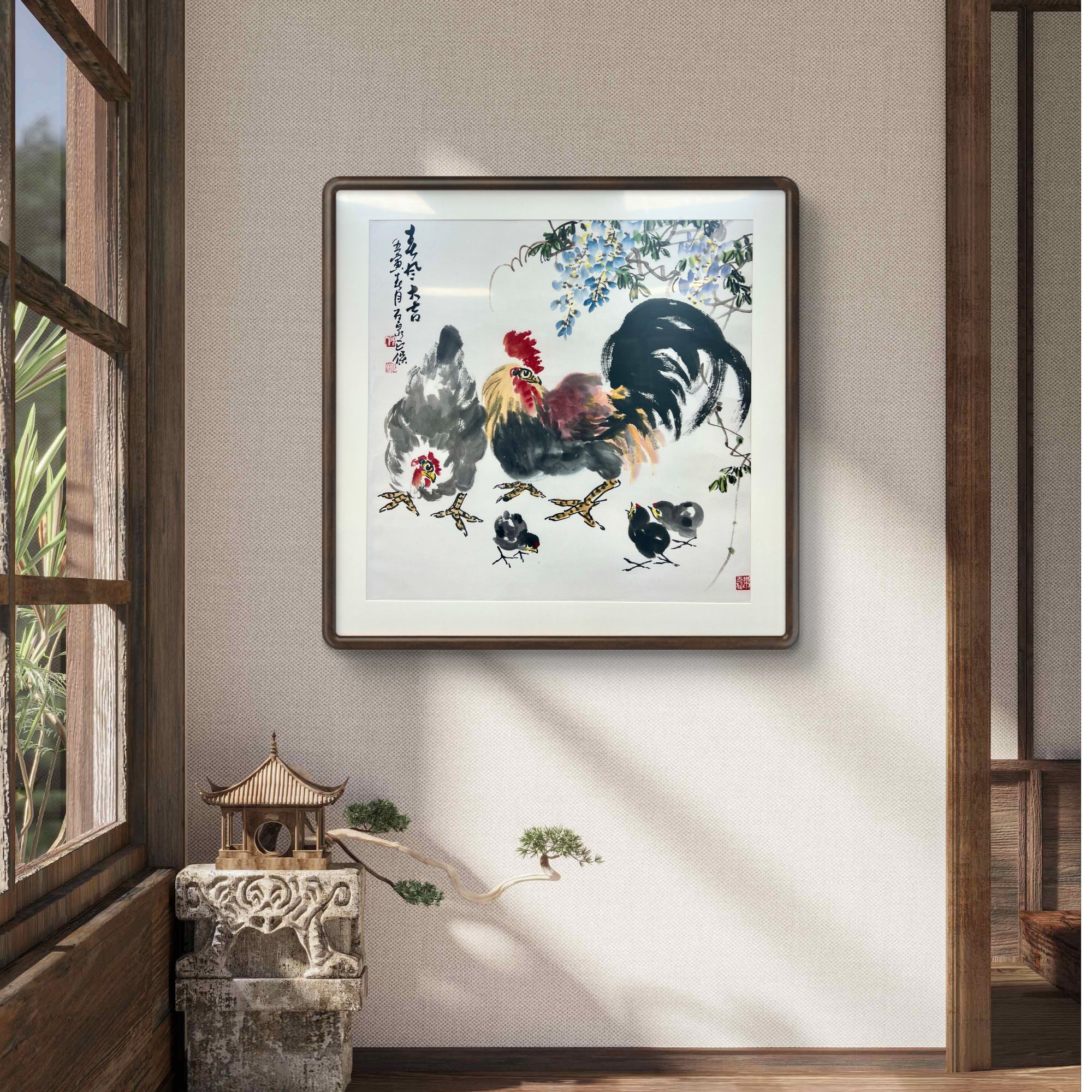 陈正保老师纯手绘国画-鸡 春风大吉（四尺斗方80*80）新中式国画