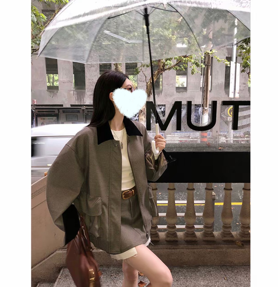 新款洋气千鸟格撞色休闲宽松复古工装夹克短款半身裙女年套装潮