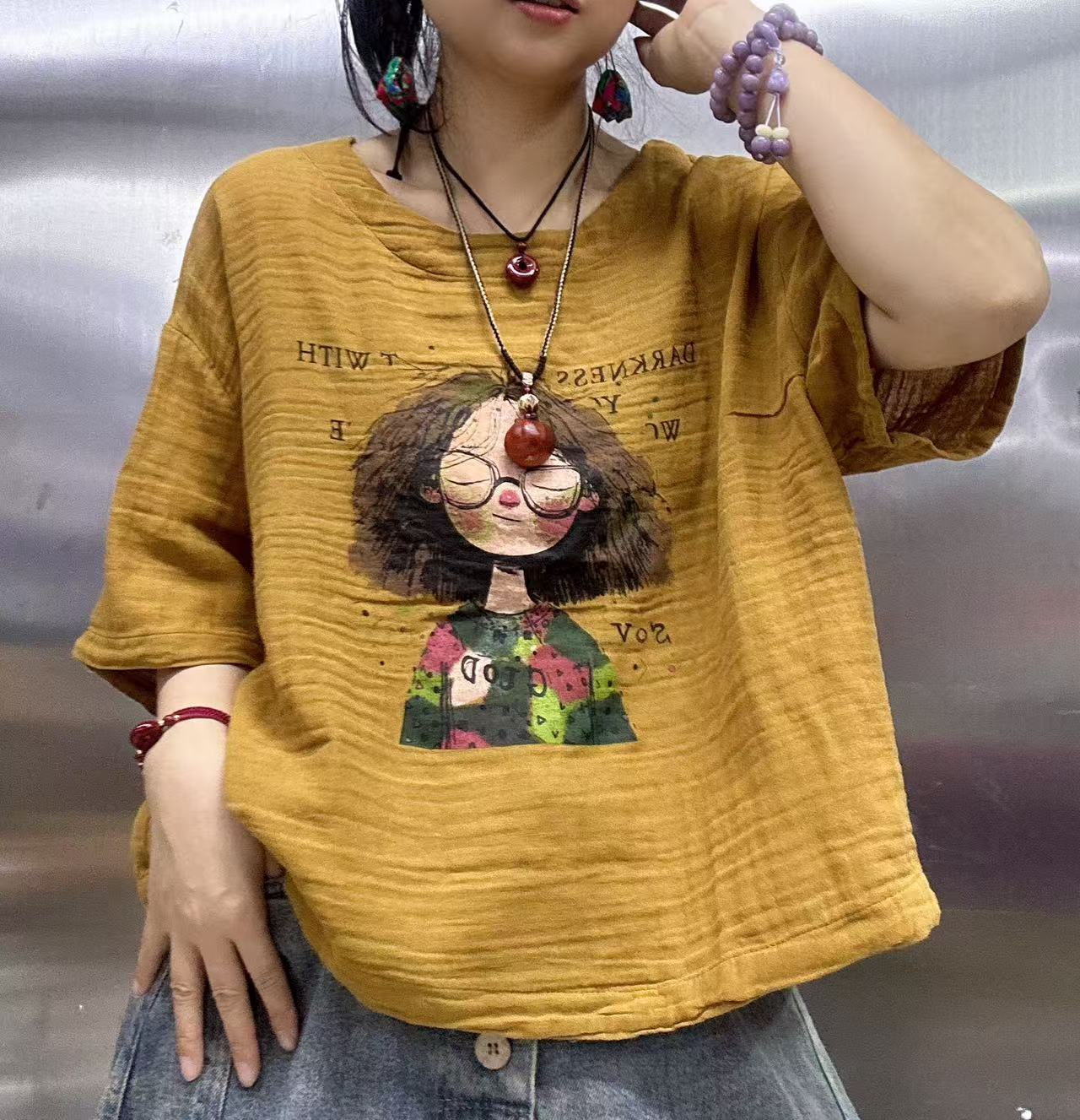 印图百搭双纱麻棉上衣48194