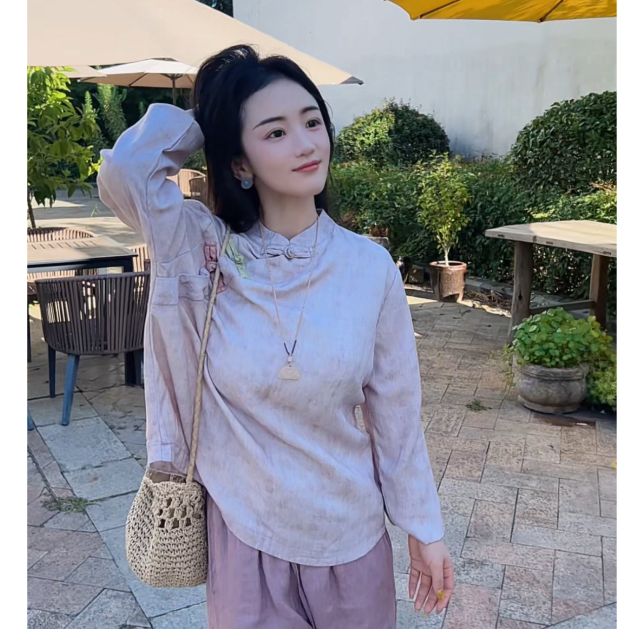 2279原创亚麻气质复古提花立领长袖国风文艺衬衫上衣