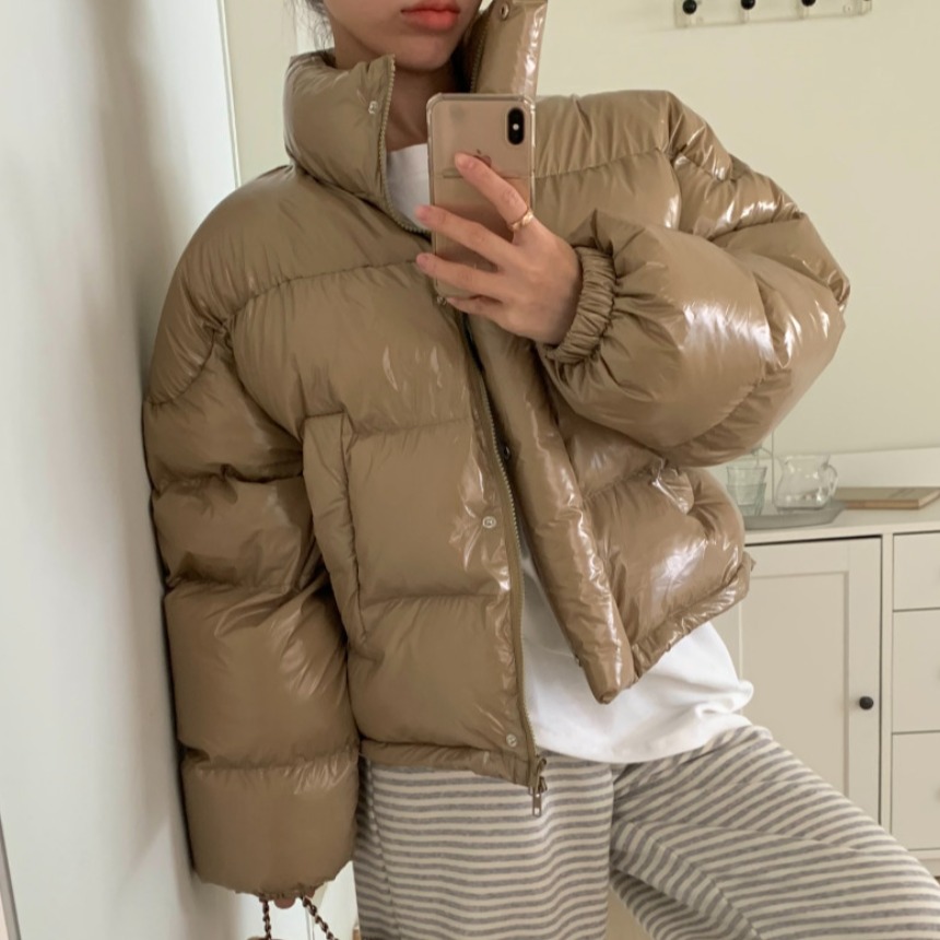 冬季韩版小个子女生立领拉链亮面保暖短款手塞棉衣保暖棉服女