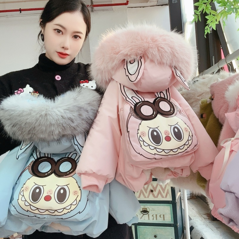 儿童连帽冬装棉服加绒加厚拉布布卡通风绣花棉衣冬季保暖时尚外套