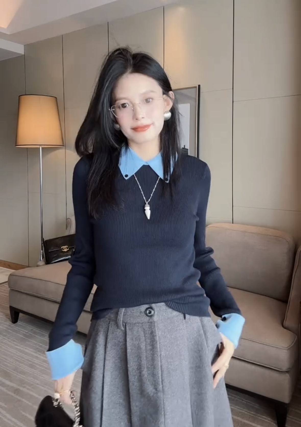 设计翻领撞色减龄气质针织打底衫女秋冬新款独特漂亮显瘦百搭上衣
