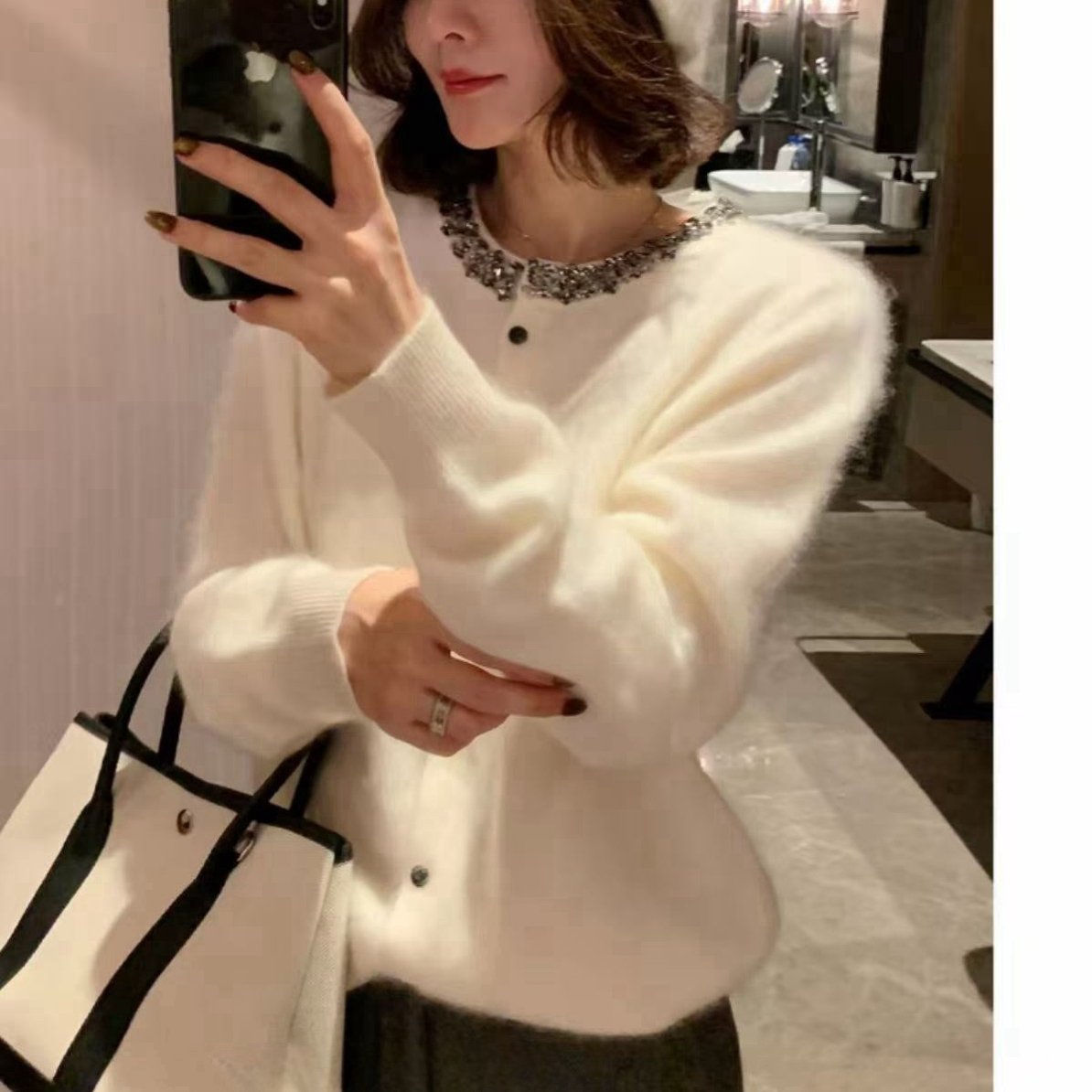 羊毛圆领串珠亮片百搭针织开衫6633