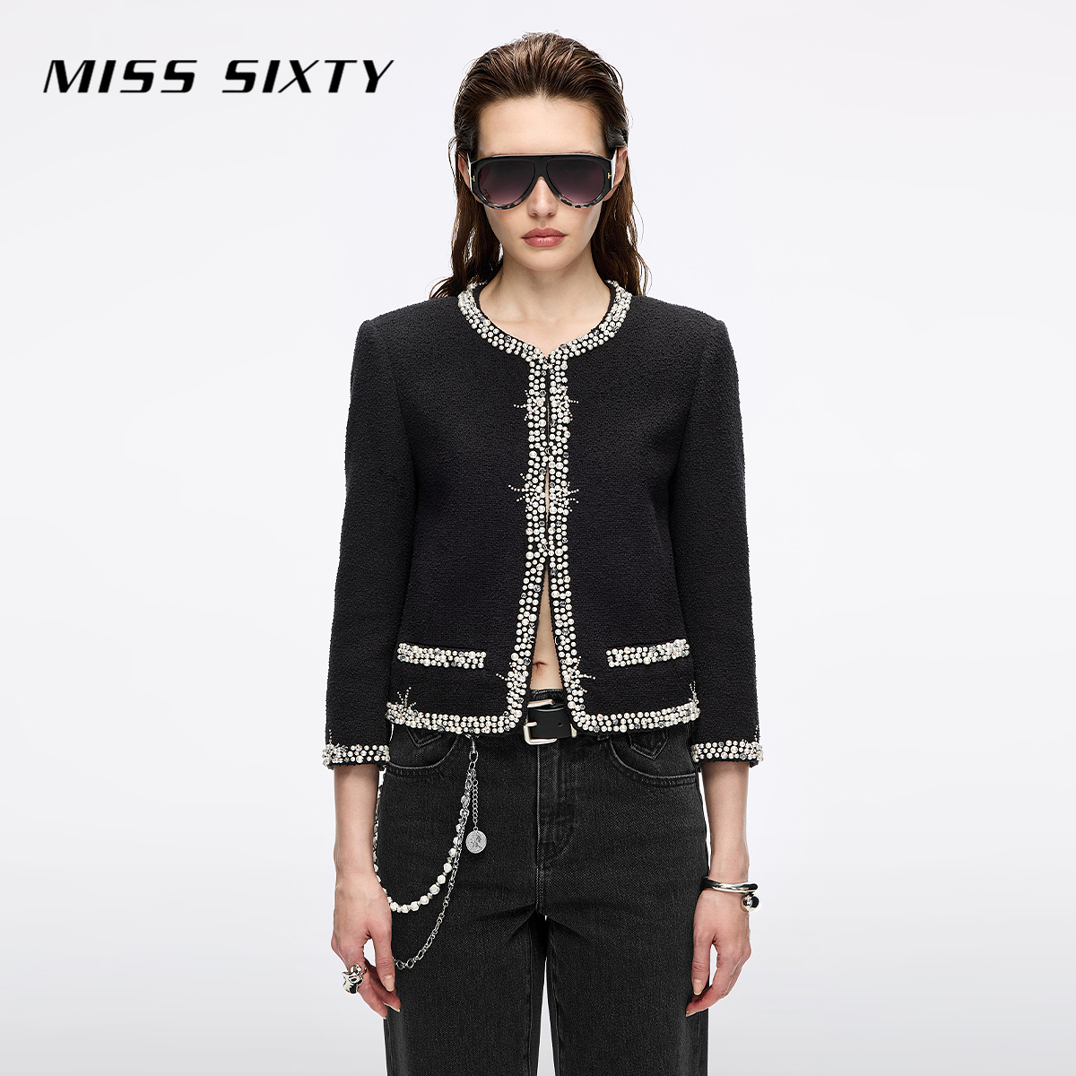 Miss Sixty2025秋季新款花式呢外套女重工钉珠闪钻静奢小香风短款