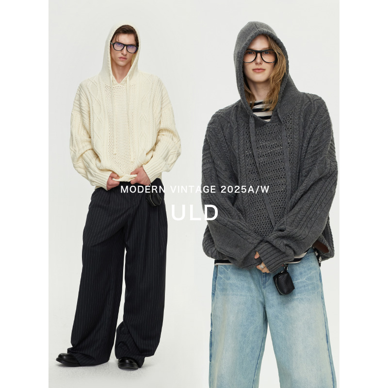 ULD/雪花霜感澳洲美利奴羊毛手工中古绞花连帽高克重云朵毛衣