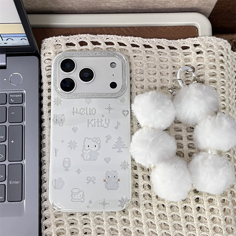 双层闪粉雪花Kitty毛绒挂绳适用16promax手机壳iPhone17苹果15/14