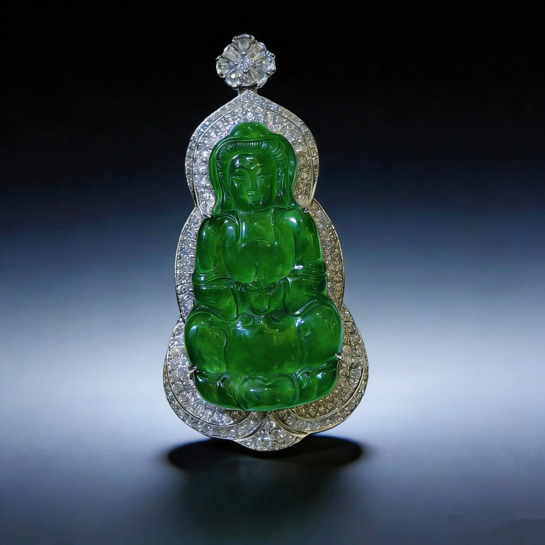 新款高定天然A货冰种满绿翡翠观音吊坠百搭时尚款KBR51222001