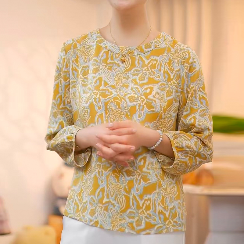 2025新款优雅别致圆领玉兰花上衣衬衫时尚减龄宽松T恤