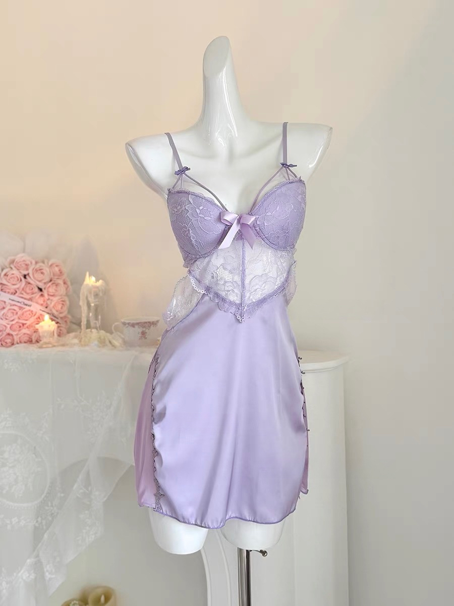 纯欲蕾丝缎面蝴蝶结带垫带钢睡裙战袍！【伍月柒号！no退no换】