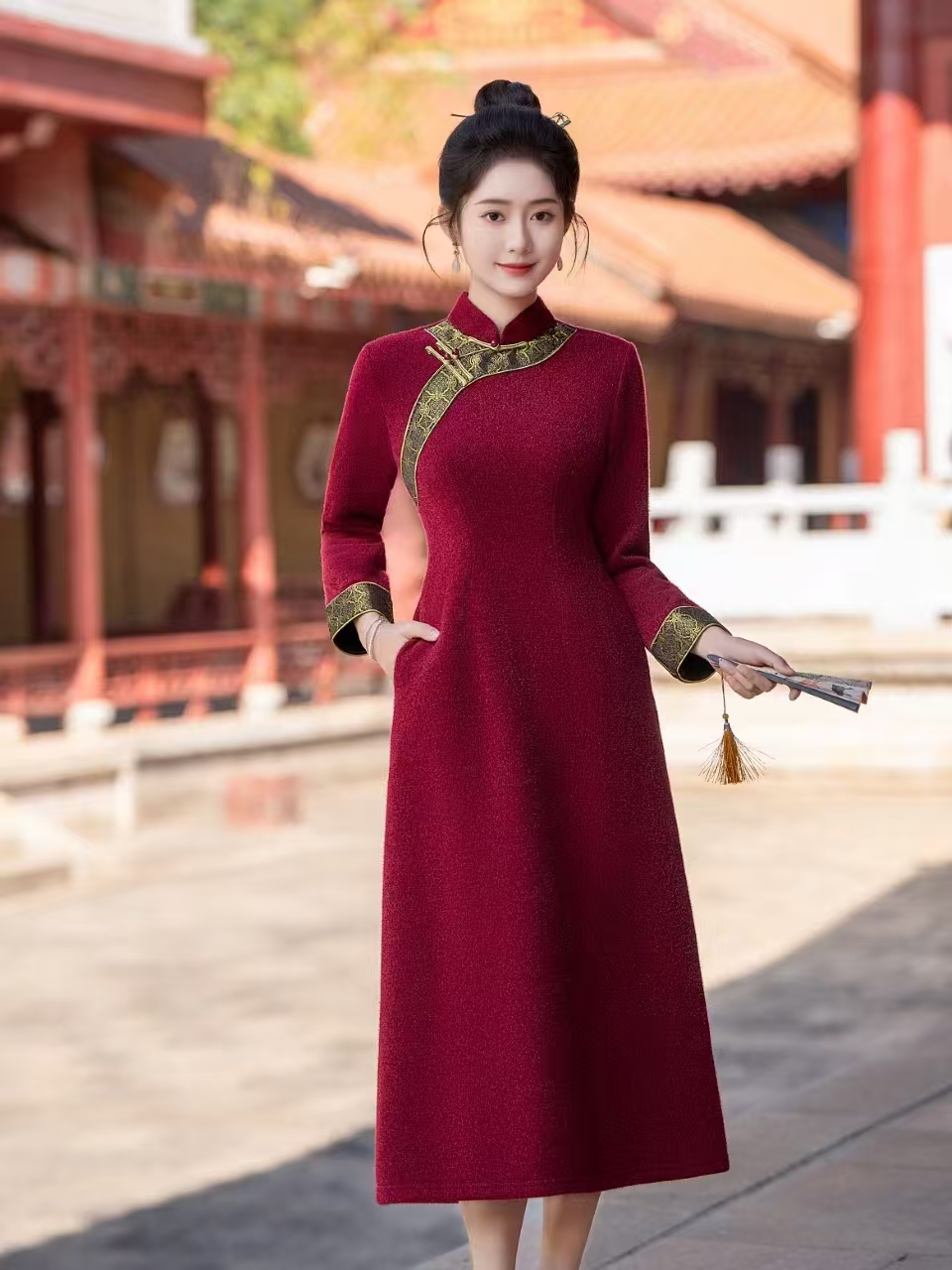 含卿 冬款保暖日常气质显瘦文艺优雅奥黛改良旗袍