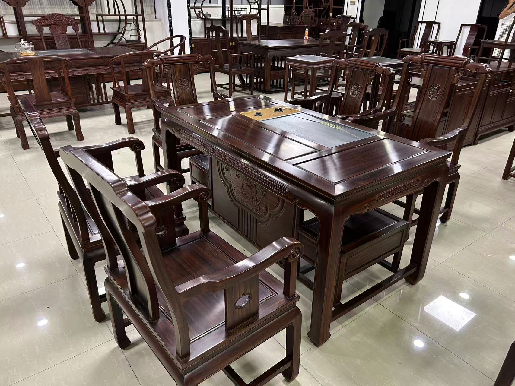 实木如意茶台酸枝木家具茶桌高档新古典框架结构艺术新中式成套