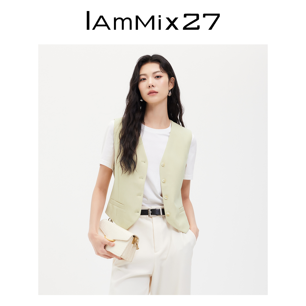 Iammix27V领西装马甲女短款修身叠穿百搭单排扣背心马夹M4C1111